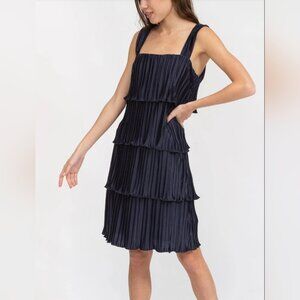 NEW DKNY Sleeveless Square Neck Tiered Ruffle Pleated Swing Dress Navy 6 US